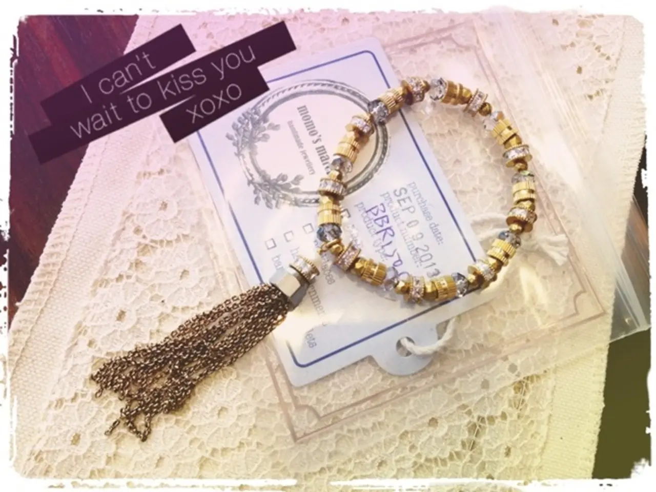 In this picture, we see a brown table on which white cloth, bracelet and a plastic cover containing...