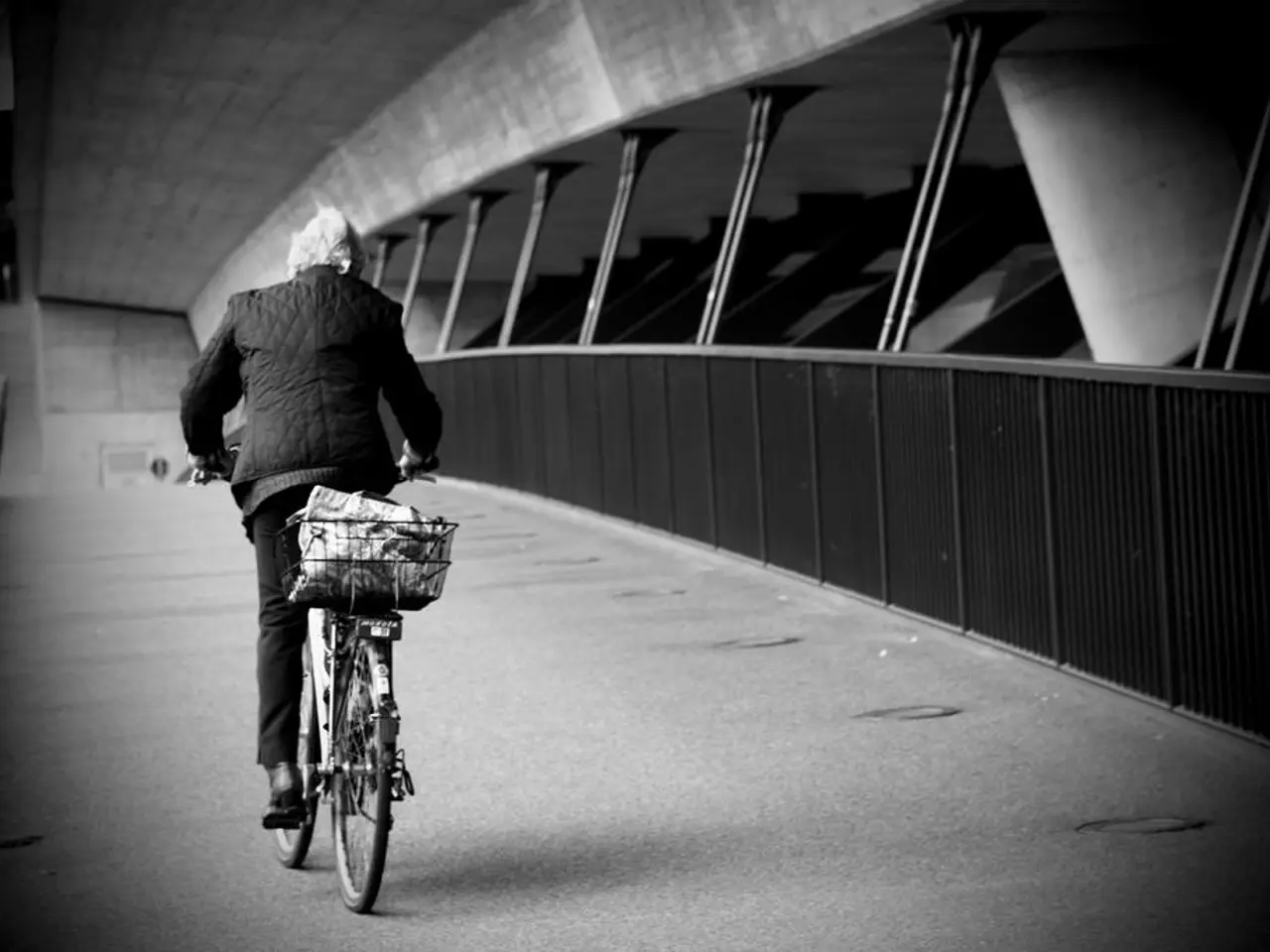 In this picture there is a person cycling a bicycle on the path. There are some windows with...