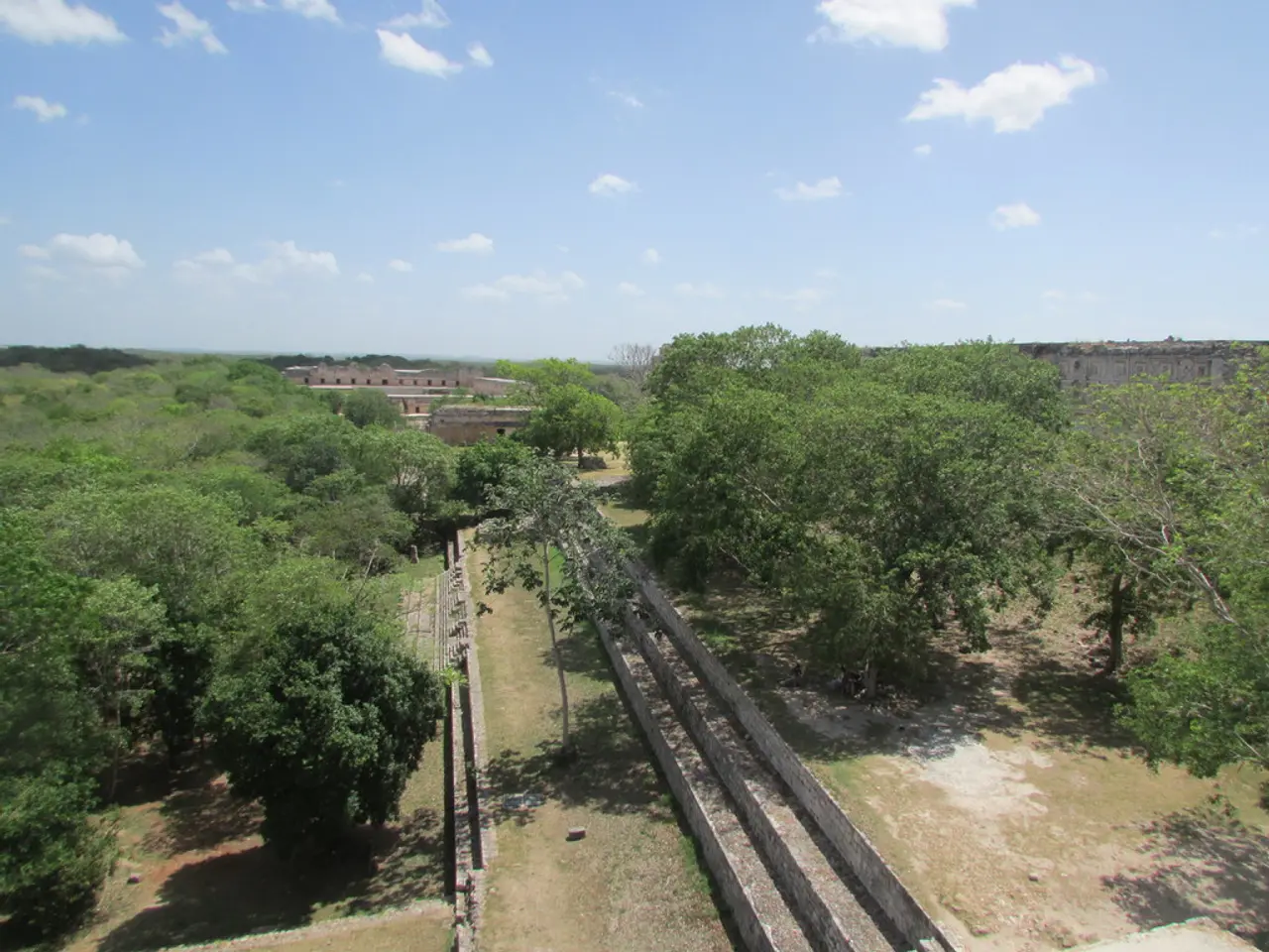 In the image there is a building in the back with long steps in front of it and there are trees on...