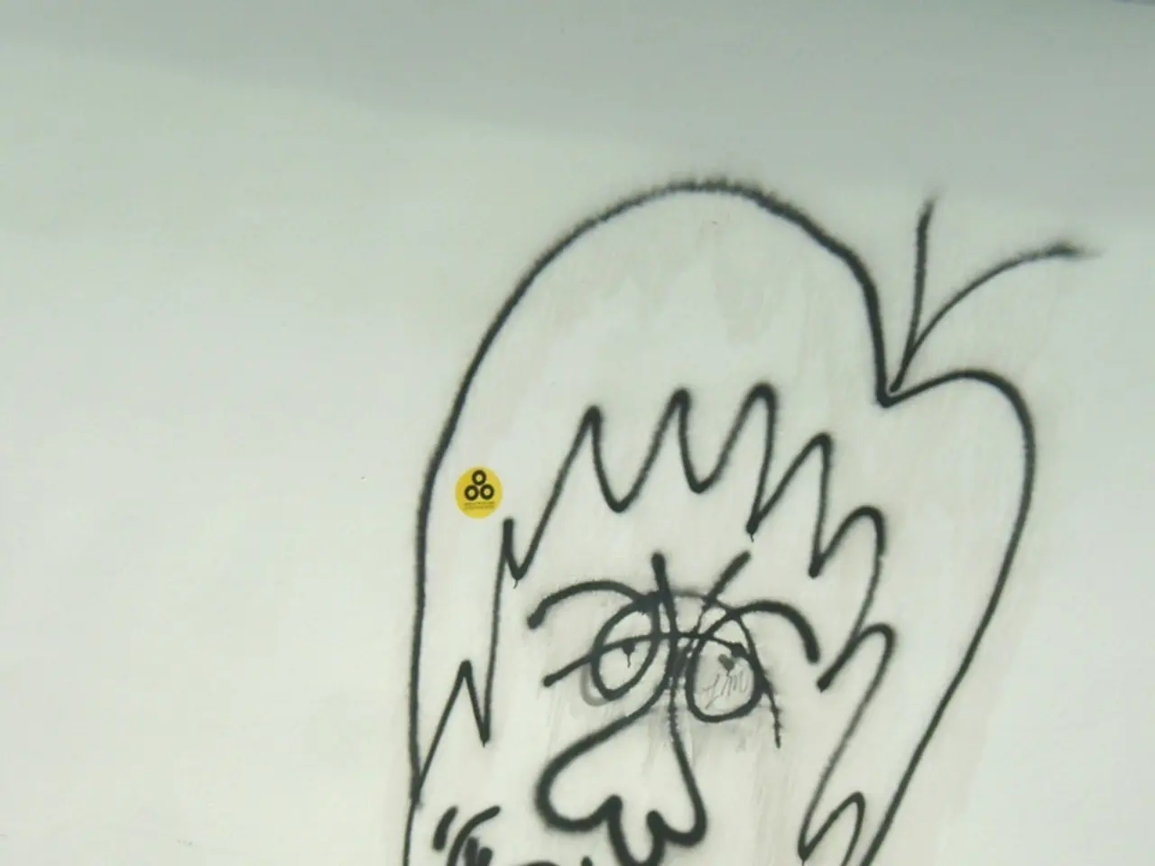 In the center of the image a graffiti is present on the wall. At the bottom of the image floor is...