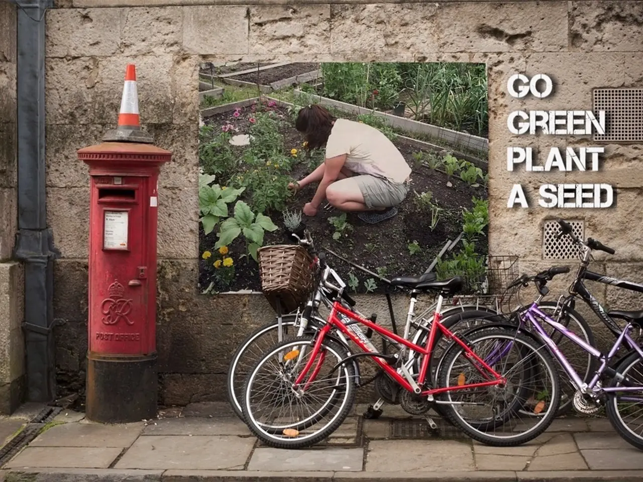 In this image we can see bicycles. There is a postbox on which there is a safety cone. In the...