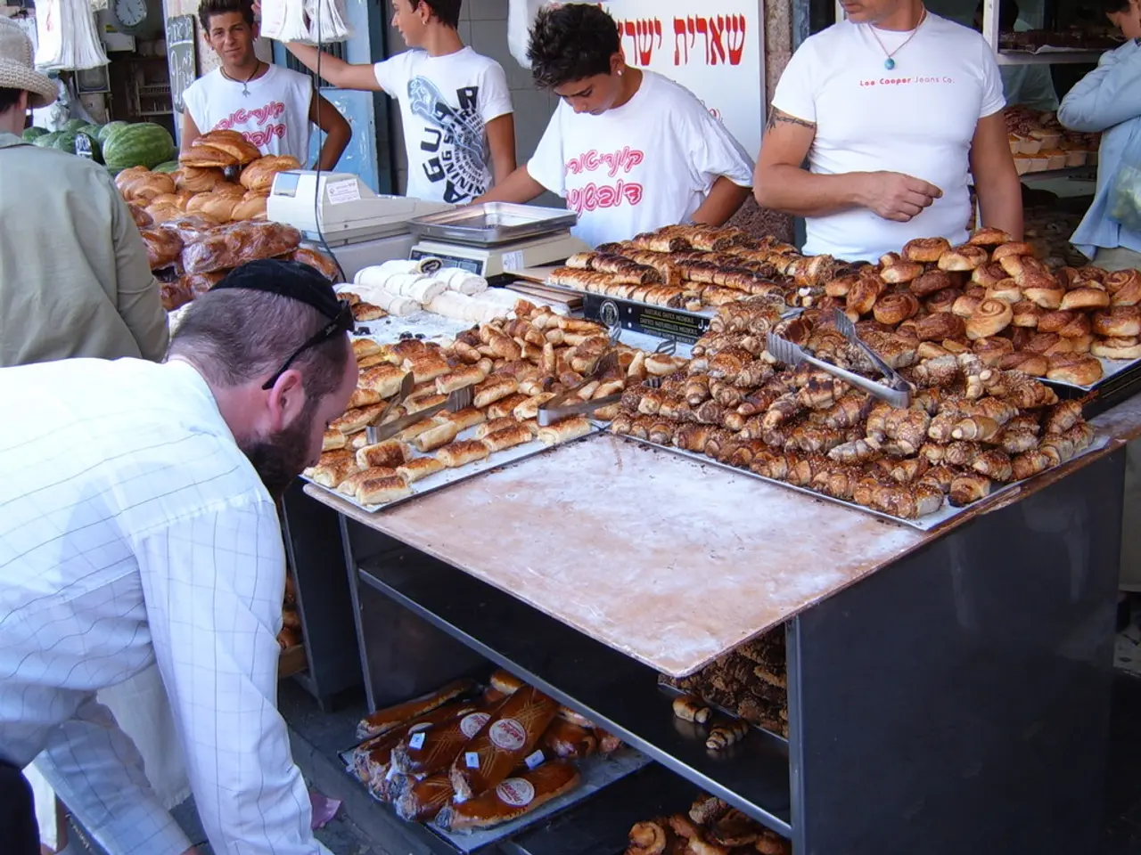 Here we can see people, weighing machine, food, racks, watermelons, bags, board and clock. Clock is...