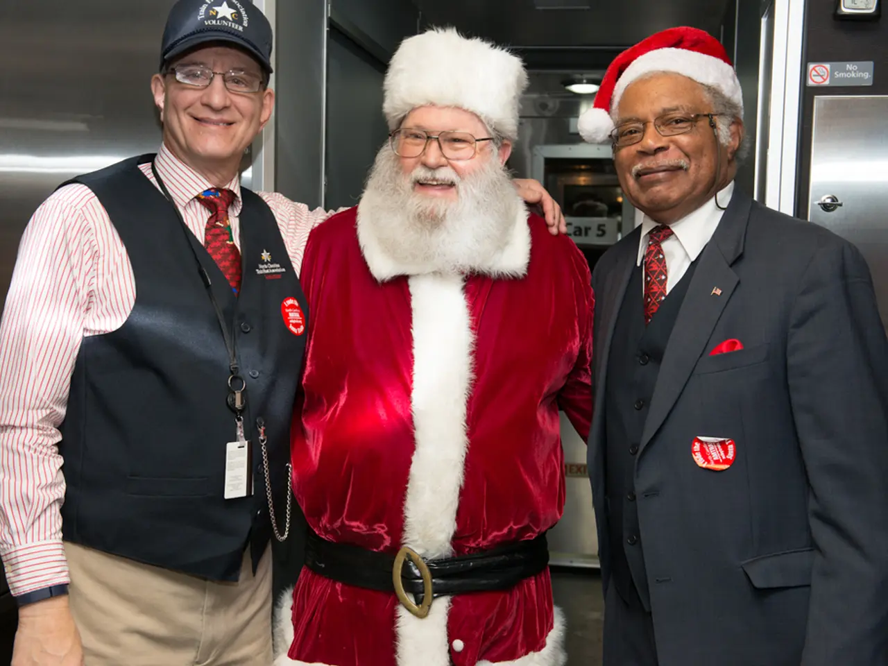 In this image, we can see people standing and wearing glasses, caps, ties, id cards and badges and...