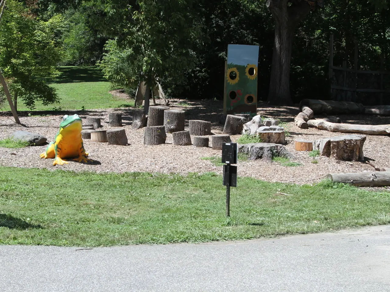 In this image there are trees, grass, branches, boards, frog, road and objects.