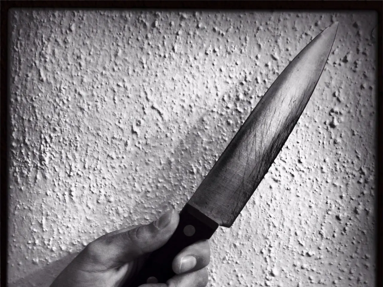 This is a black and white image and it is edited. Here I can see a person's hand holding a knife....