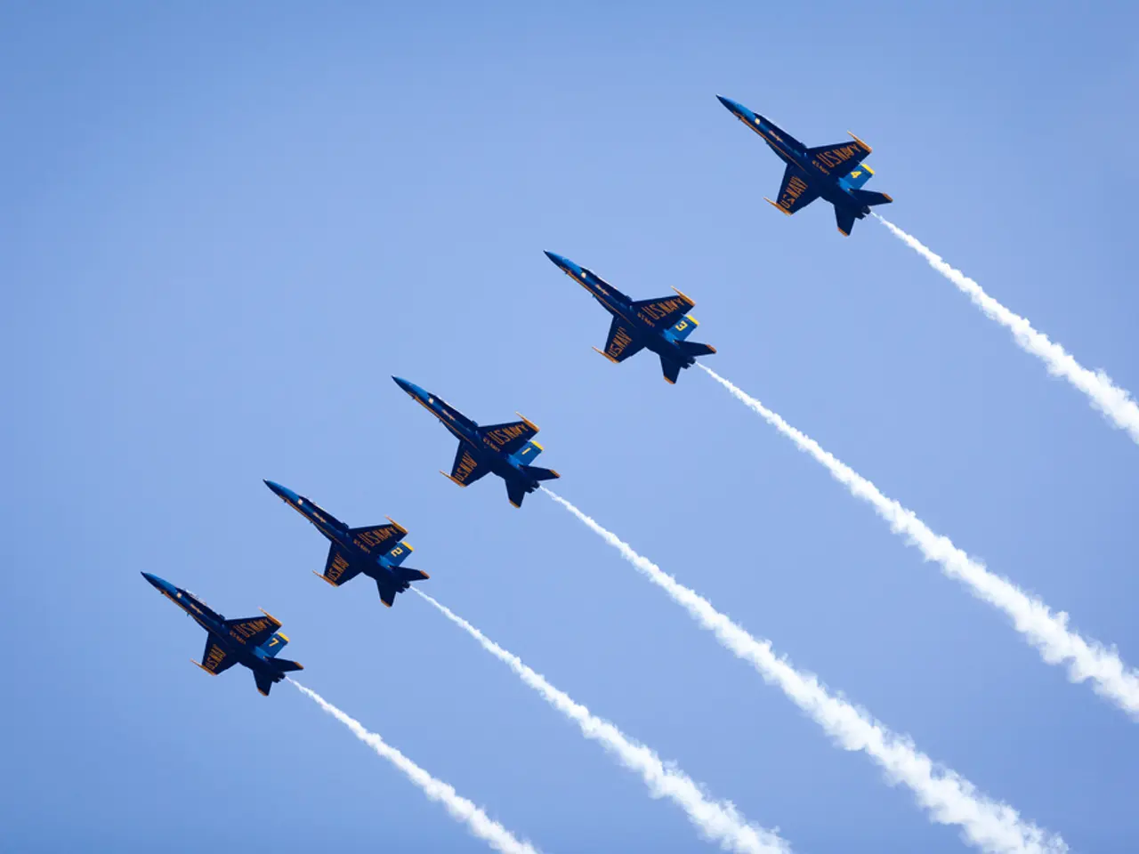 This picture shows few jet planes releasing smoke all are blue and yellow in color and we see blue...