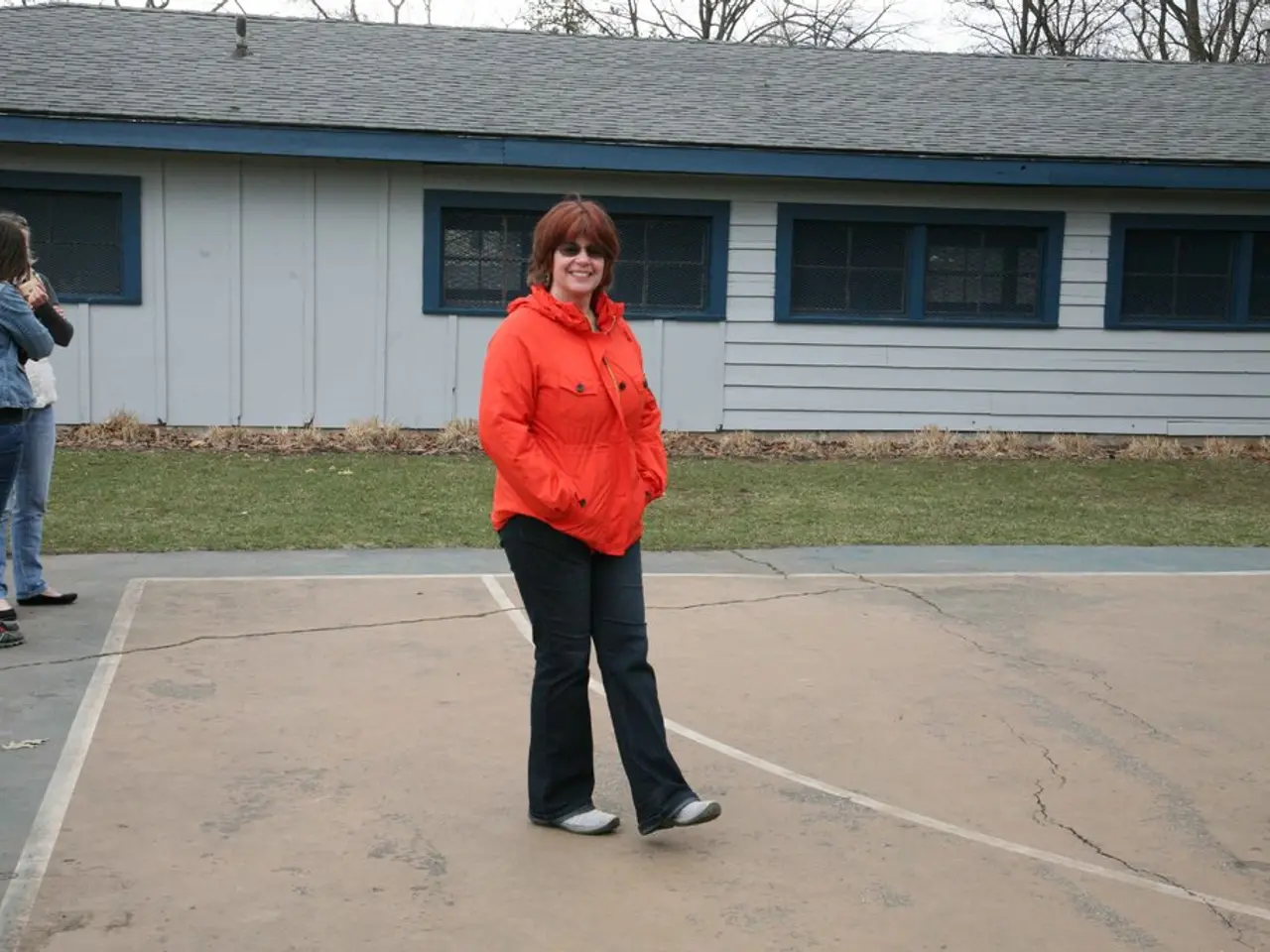 On the left side, there are two persons on a court. In the middle of this image, there is a woman...