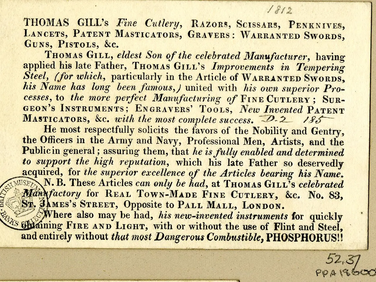 The image shows a paper with text and a stamp on it, which reads "Thomas Gill's Fine Cutlery,...