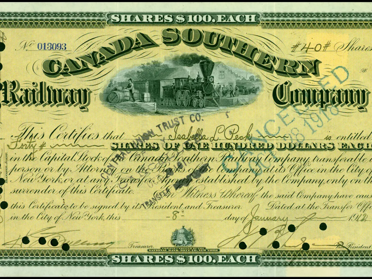 The image shows a Canada Southern Railway Company stock certificate with a picture of a train on...