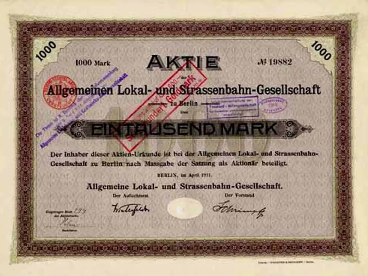 The image shows an old German stock certificate issued by the German government, with text and...