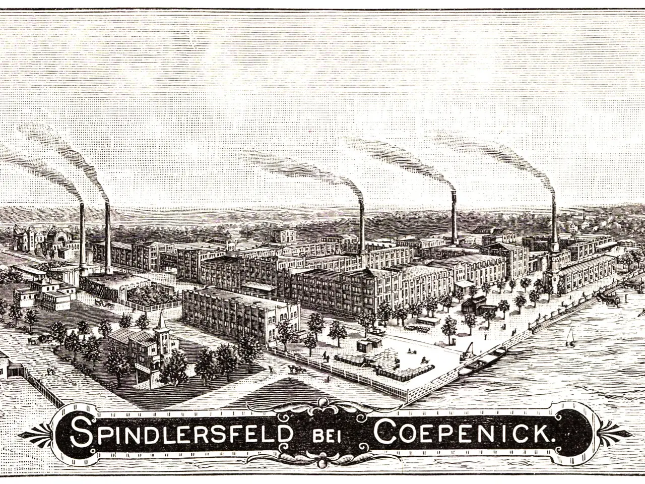 The image shows an old black and white drawing of a city with buildings, trees, and smoke coming...