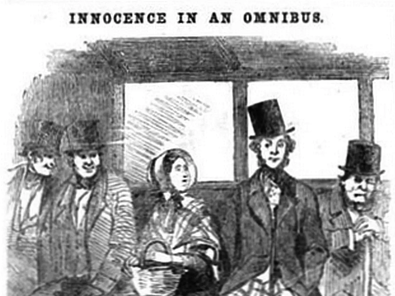 The image shows a group of people sitting on a train, with a woman in the center holding a basket....