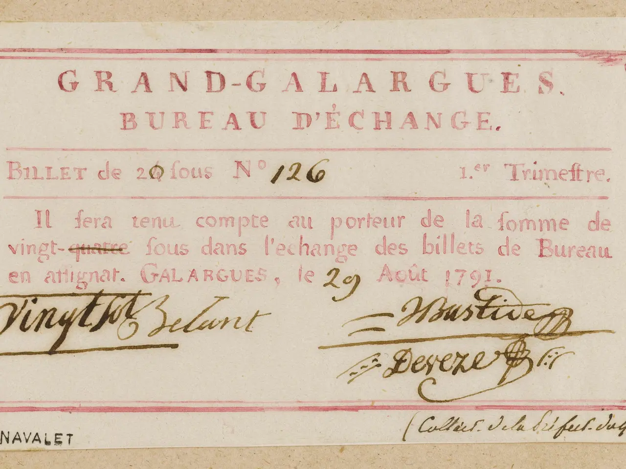 The image shows a paper with text written on it, which reads "Grand-Galargues Bureau d'Change -...
