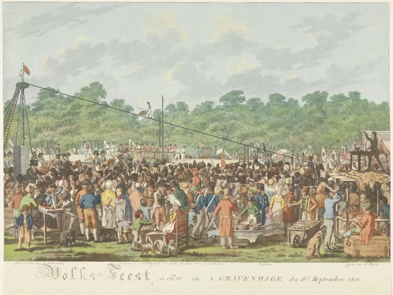 The image shows a large crowd of people gathered around a carnival, with some standing and some...
