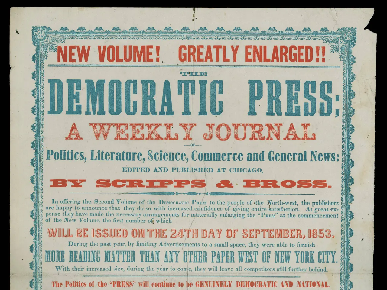 The image shows a paper with the words "Democratic Press: A Weekly Journal" written on it against a...