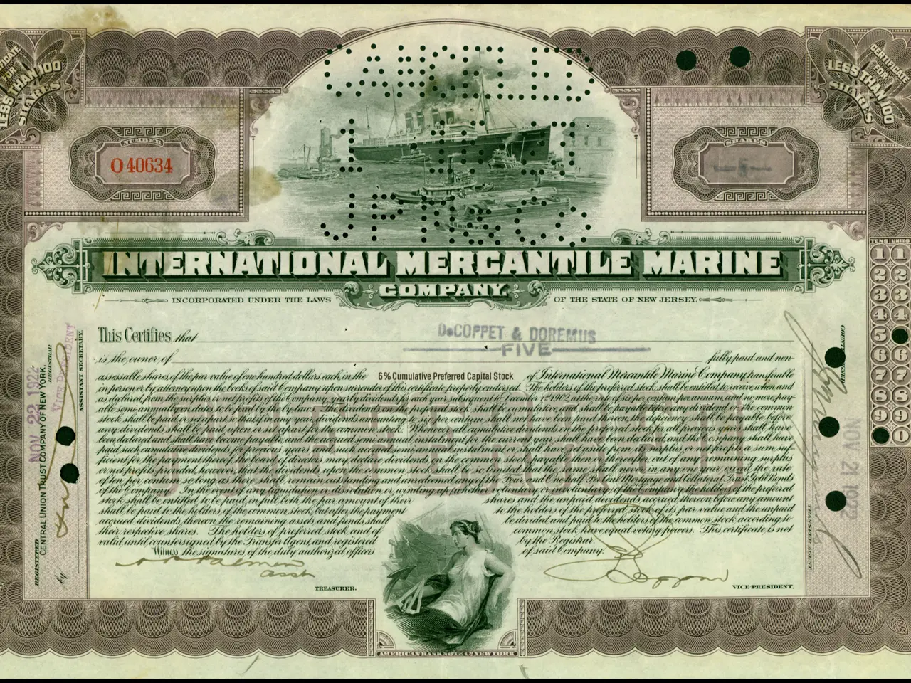 The image shows an international mercantile marine company stock certificate with a picture of a...