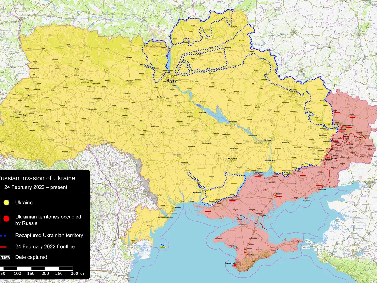 The image shows a map of Ukraine with the Russian invasion of Ukraine highlighted in different...