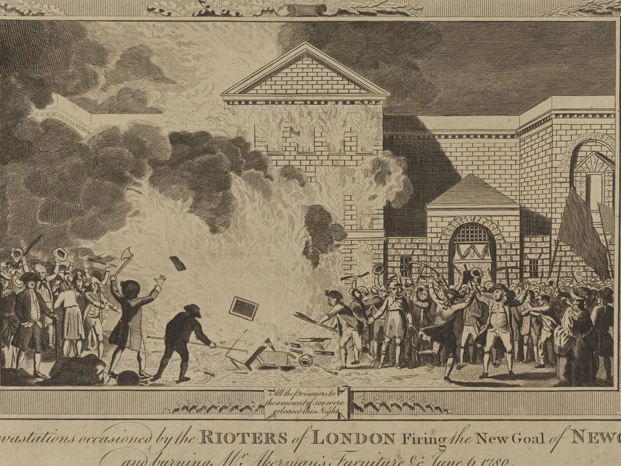 The image shows a group of people standing in front of a building engulfed in flames, with smoke...