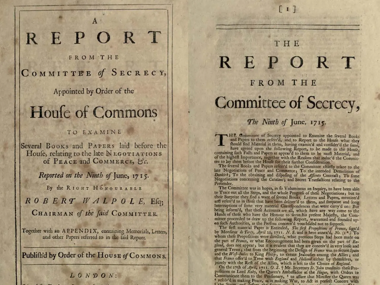 The image shows an open book with the title "The Report from the Committee of Secrecy, Appointed by...