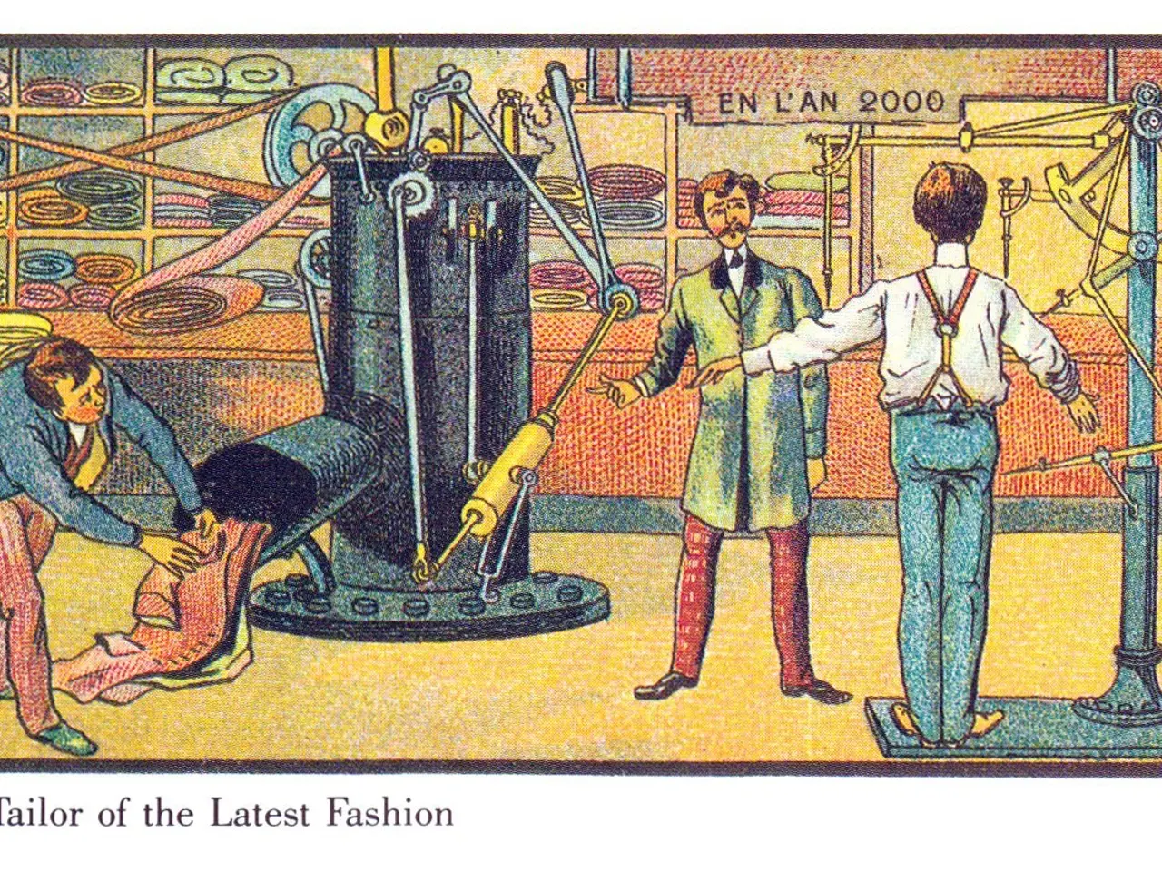 The image shows a poster with a painting of three people standing in front of a machine, with the...