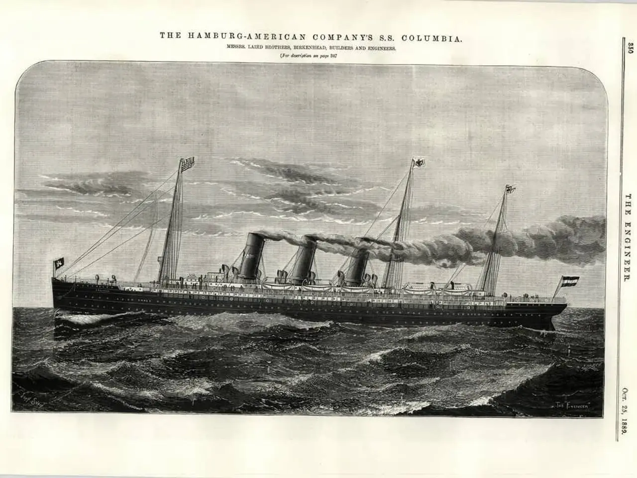 The image shows an old, original print of the Hamburg-American Company's S.S. Columbia, a passenger...