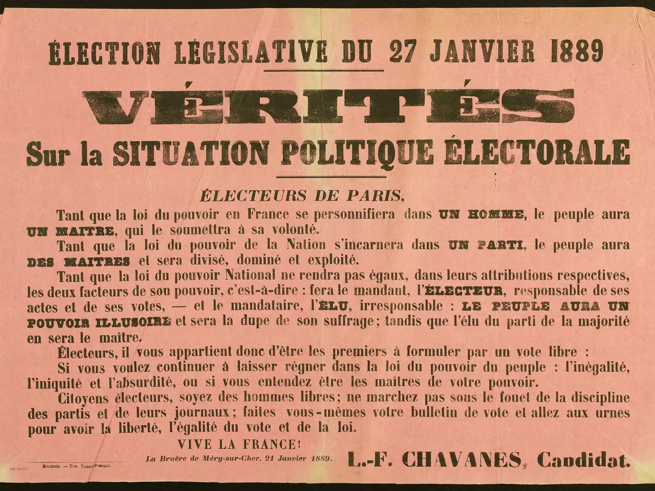 The image shows an old poster with the words "Vérités sur la Situation Politique Electorale"...