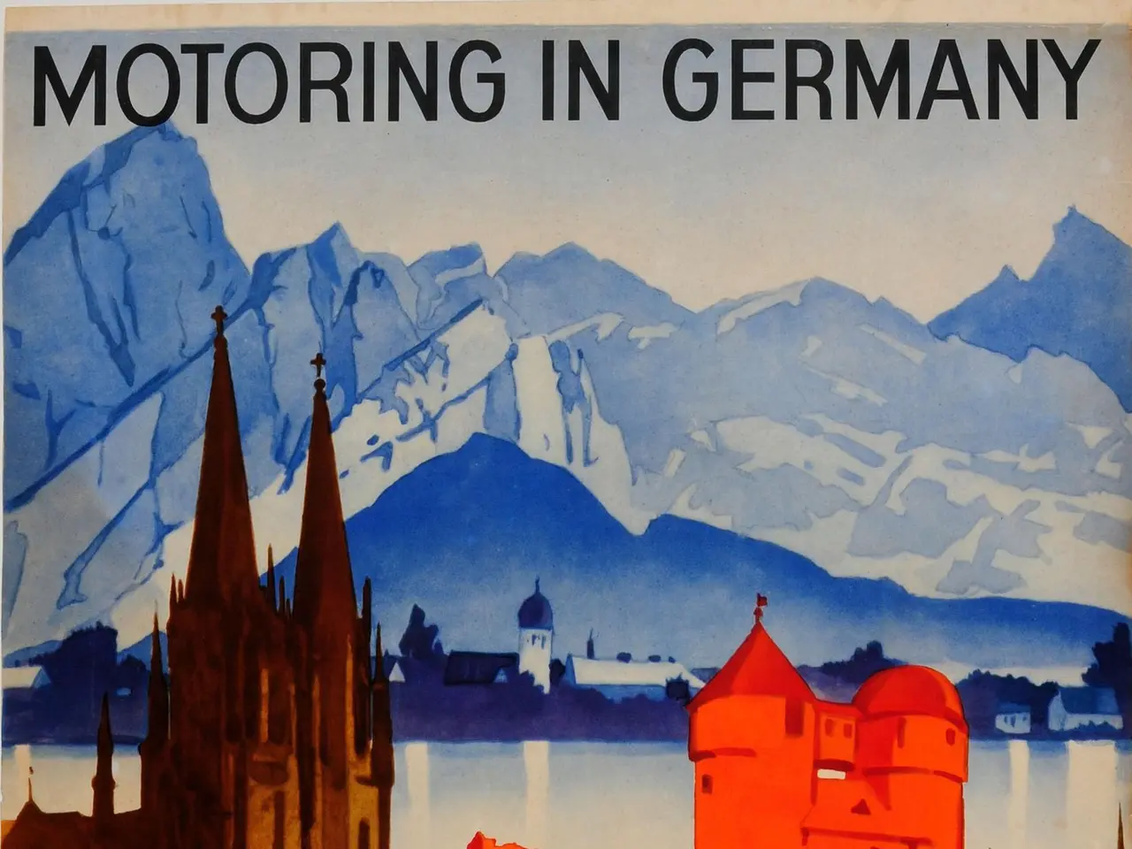 The image shows a poster advertising a motorbike in Germany, featuring a car in the foreground with...