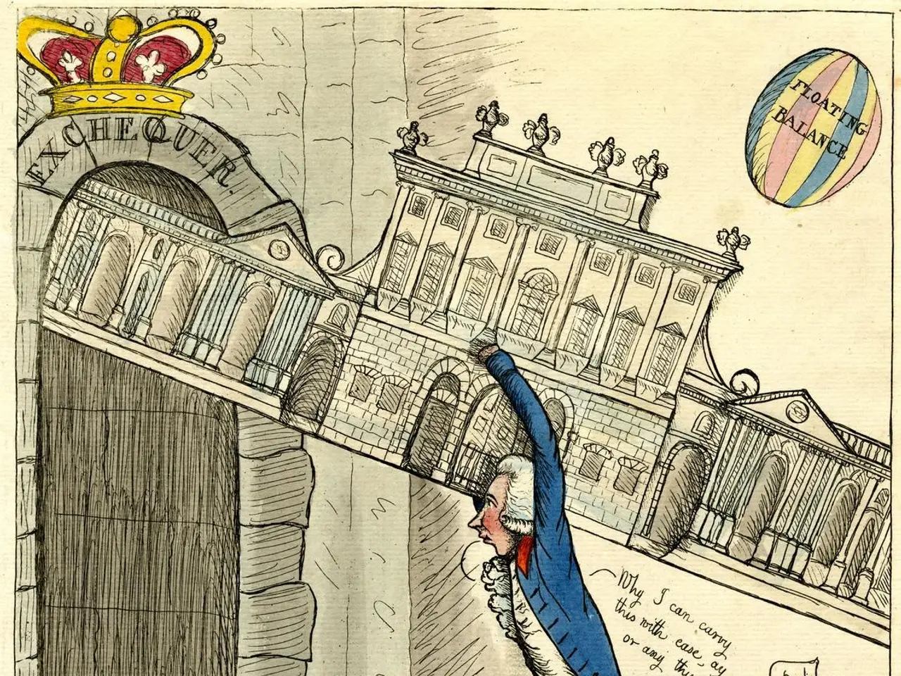The image shows a cartoon of a man in a blue jacket and red pants standing in front of a building...