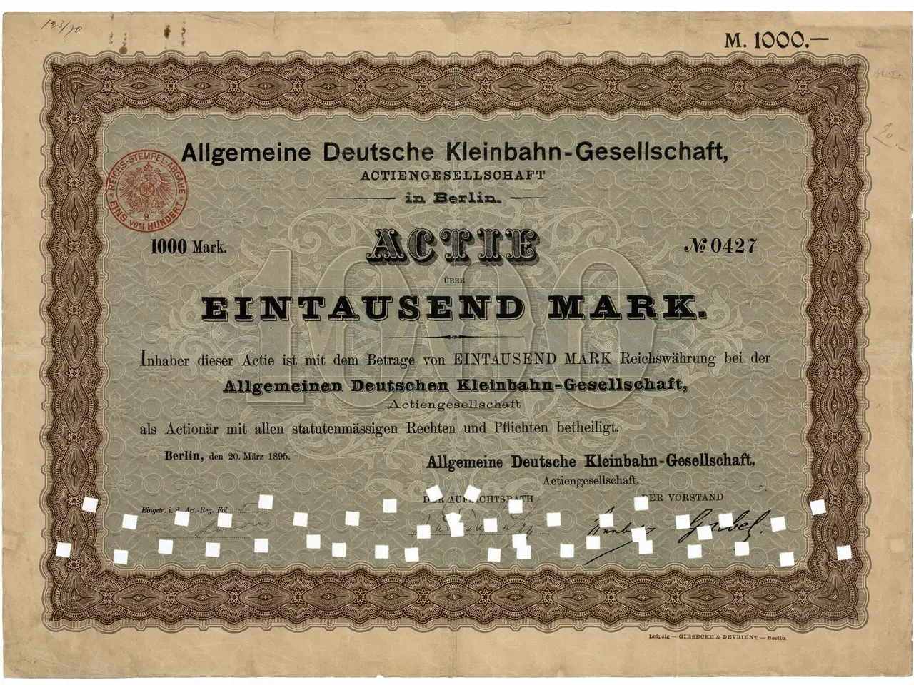 The image shows an old German stock certificate issued by the German government, with text and a...