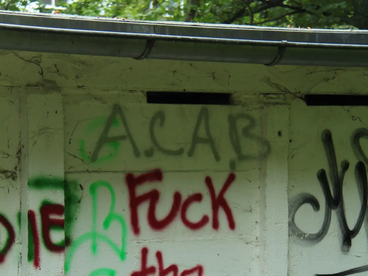 The image shows a shed with graffiti on the side of it, surrounded by grass and trees in the...