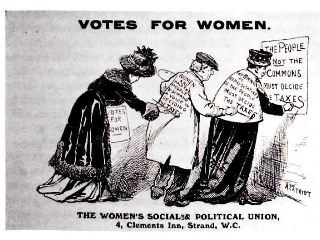 The image shows a cartoon of three women standing and holding a paper with the words "Votes for...