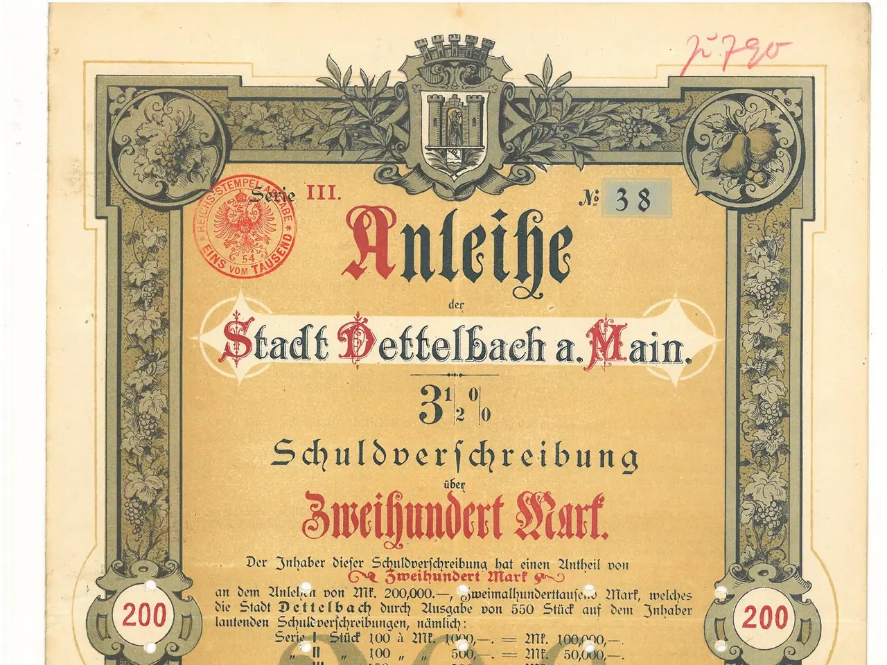 The image shows an old German stock certificate with a picture of a man on it. The certificate has...