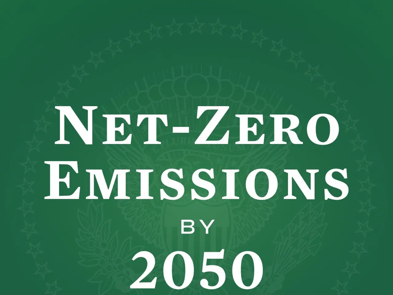 The image shows a green background with the text "net-zero emissions by 2050" written in white. The...