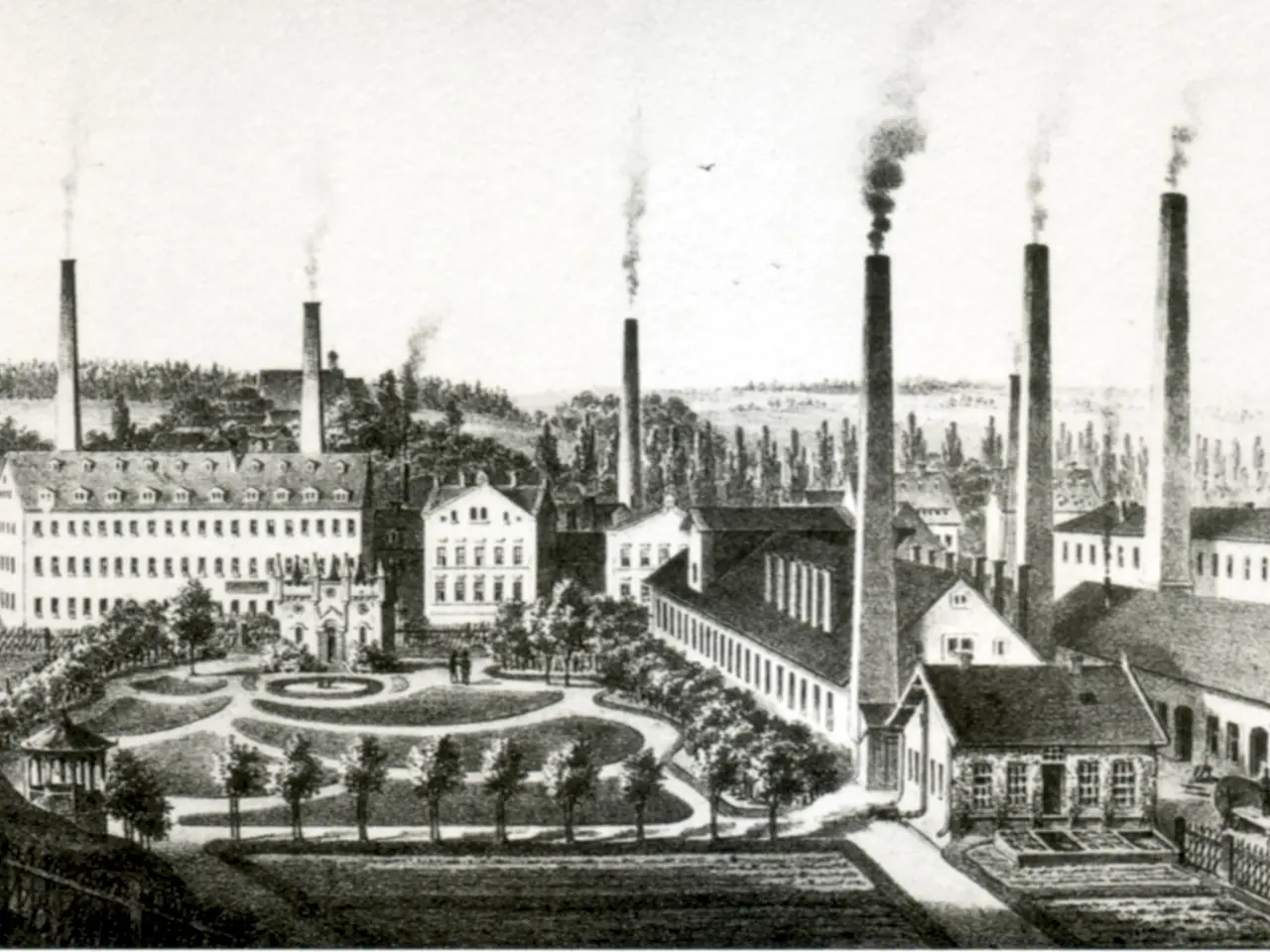 The image shows a black and white drawing of a factory with smoke coming out of its chimneys,...