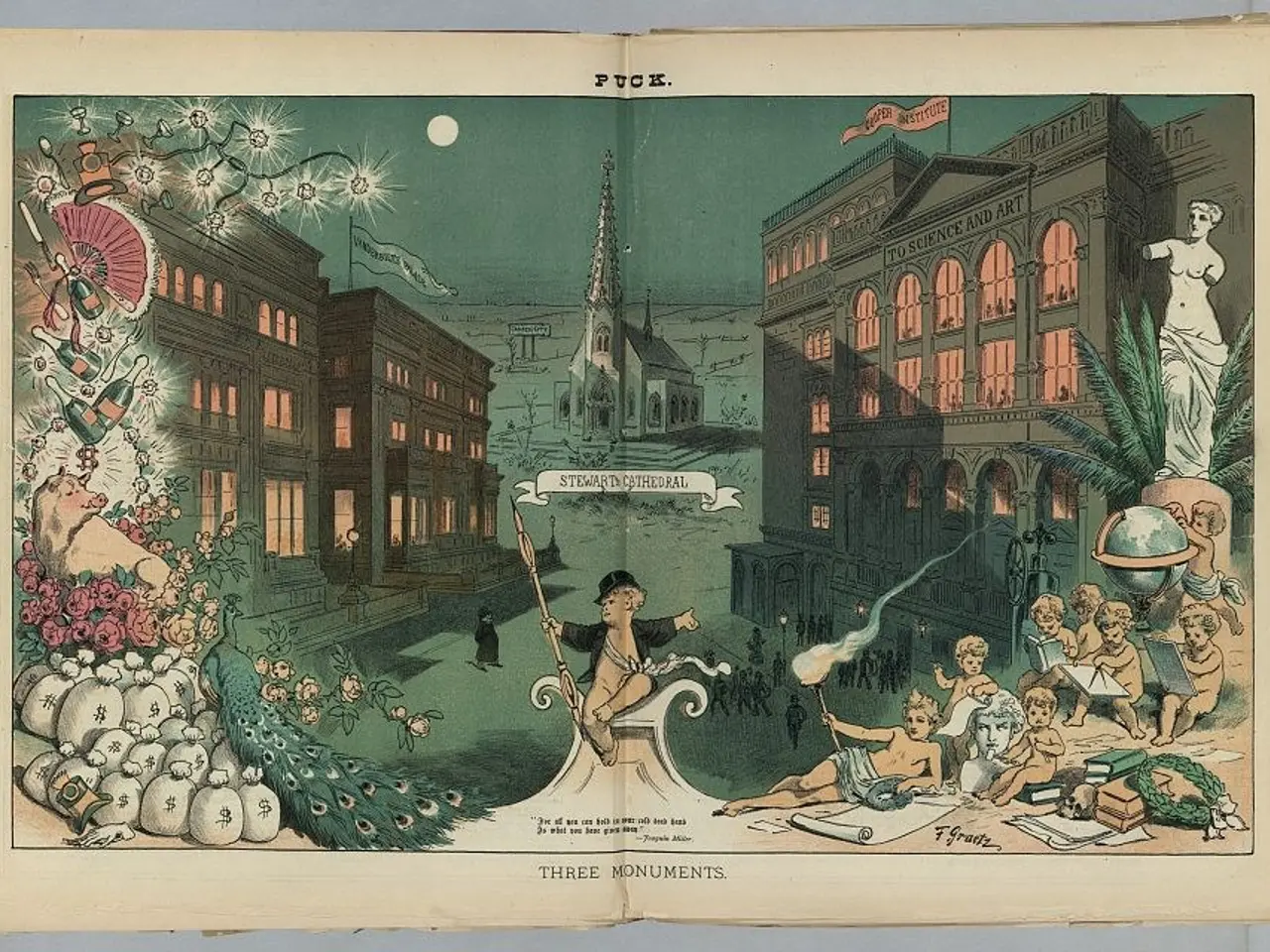 The image shows an open book with a drawing of a cityscape on it. The book is titled "Three...