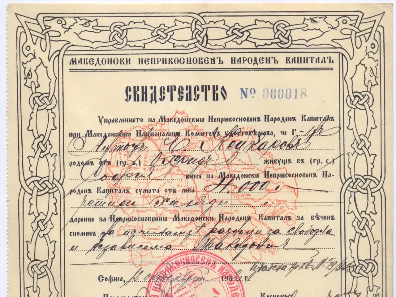 The image shows an old document with a red stamp on it, which appears to be a stock certificate...