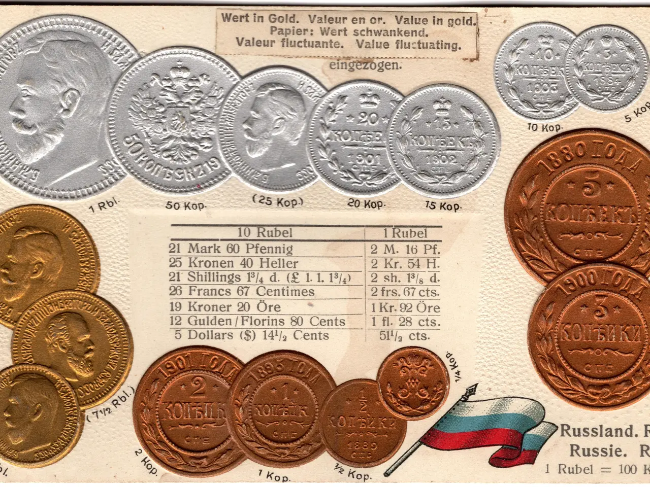 The image shows a paper with a variety of coins from Russia, including coins with text and pictures...