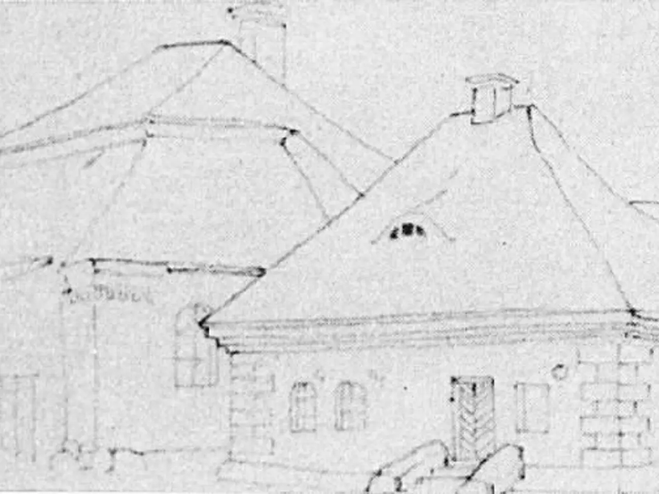 The image shows a black and white drawing of a house with a pitched roof, which is believed to be...
