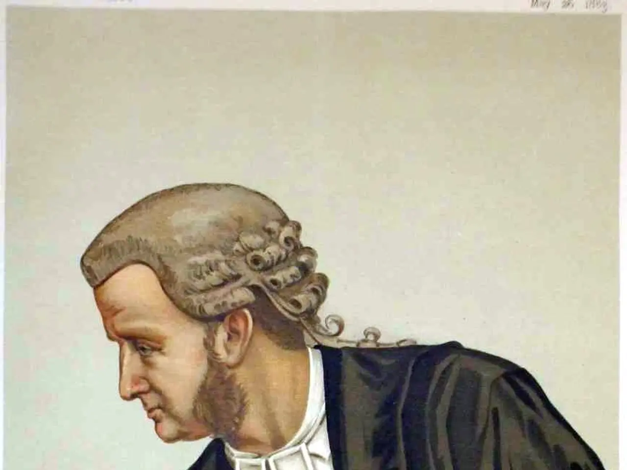 The image shows a man in a black robe sitting at a table with books and a feather quill pen in...
