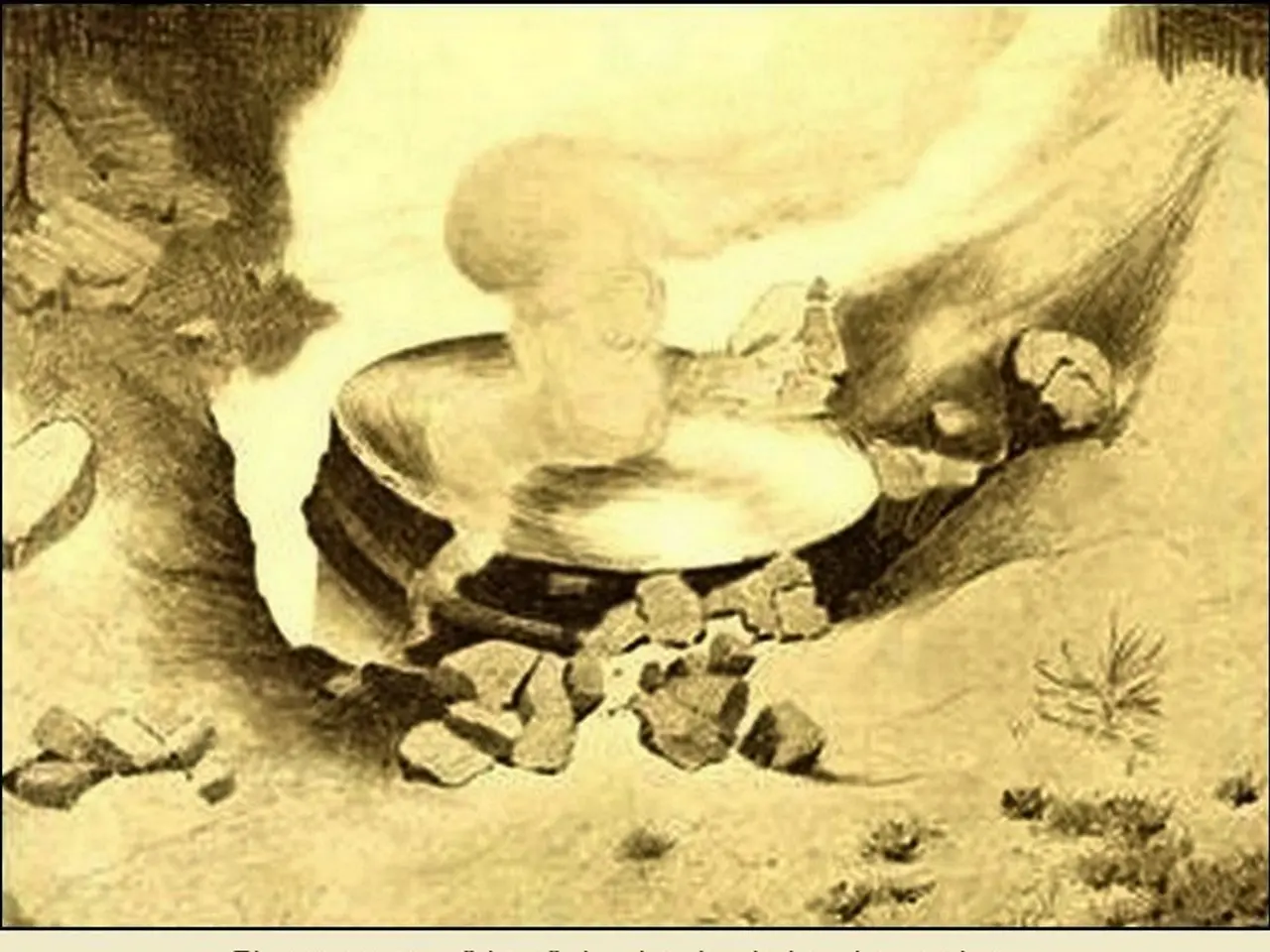 The image shows a mysterious object that has landed in the sand pits, surrounded by stones and...