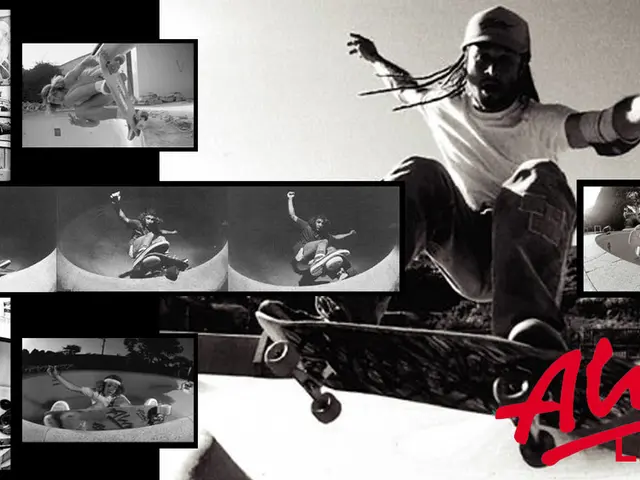 This is an edited image. Here we can see a person riding a skateboard. There are pictures of...