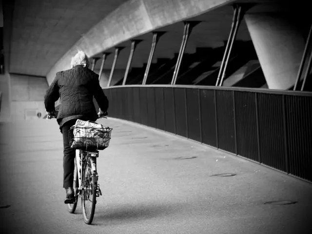 In this picture there is a person cycling a bicycle on the path. There are some windows with...