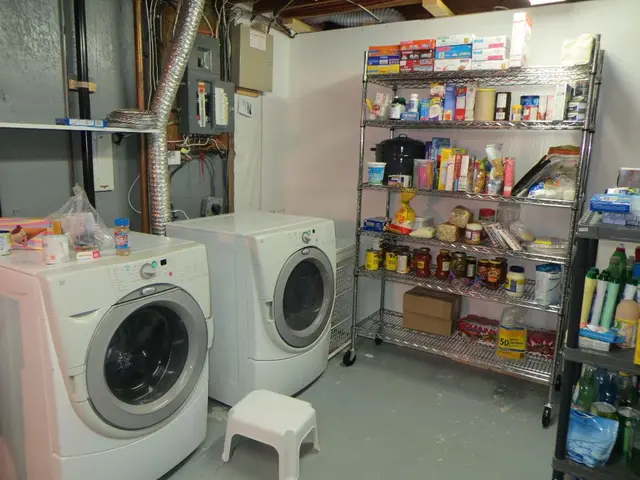 In this image, there are washing machines and a stool on the floor. I can see bottles, jars, a...