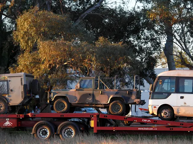 In this image, this looks like a truck with three vehicles on it. I can see two vehicles, which are...