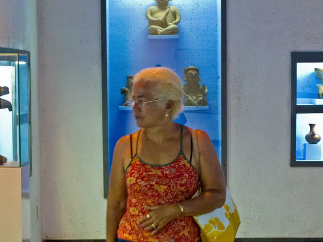 As we can see in the image there is wall, photo frames, statues and a woman holding handbag.