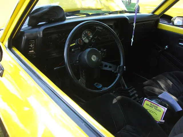 In the center of the image we can see interior and steering of the car.