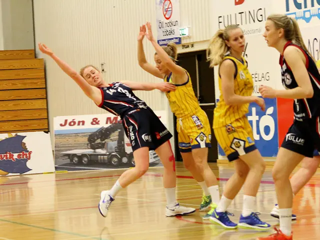 In this image there are a few women standing in different positions on the surface of a wooden...