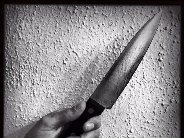 This is a black and white image and it is edited. Here I can see a person's hand holding a knife....