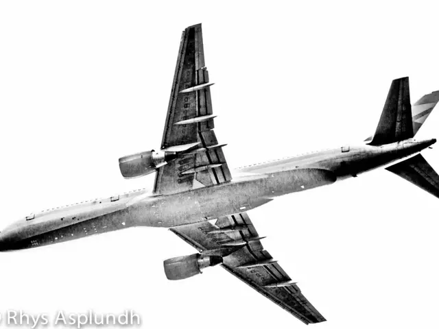 In this image there is an airplane flying in the sky and there is some text written on the bottom...