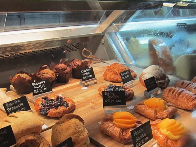 In this picture I can see pastry items in the display box.